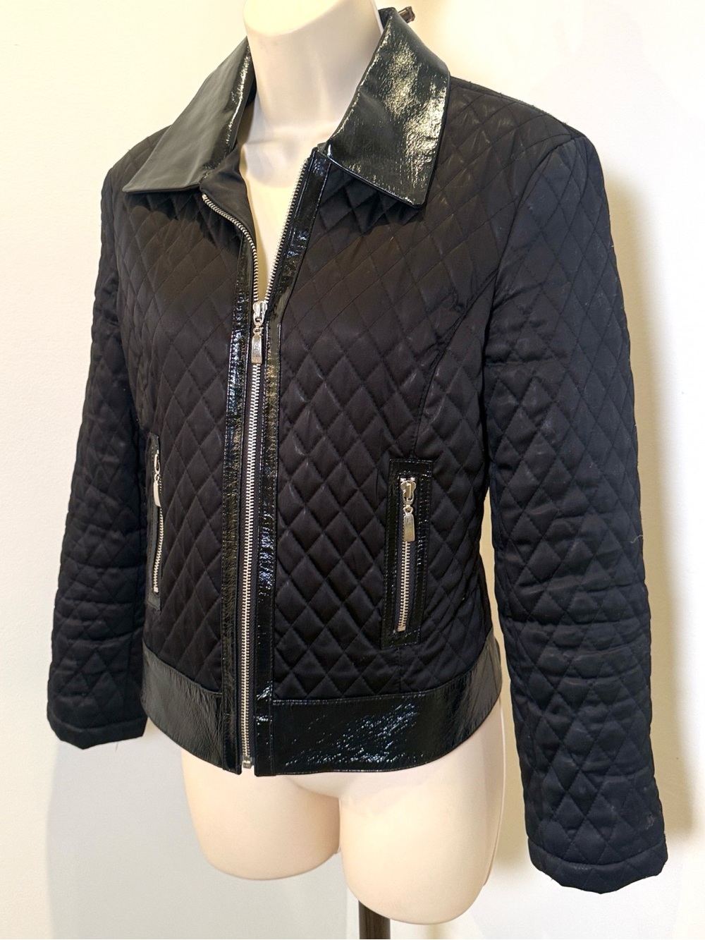 Vintage Cache Black Quilted Zipper Jacket with Patent Trim and Polka Dot Lining